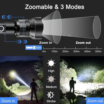 4000 Lumen Rechargeable Tactical Flashlight – High Lumens LED Handheld Torch, USB-C, 500M Range, 4 Modes, Aluminum Alloy, Waterproof for Camping Fishing Hiking Night Patrol Emergency