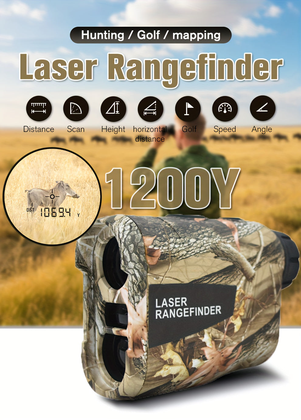 Laser Rangefinder 1200 Yards – 6X Magnification, Rechargeable, Slope Compensation, Flagpole Lock, Speed & Altitude Measurement, Golf & Hunting Camo Design
