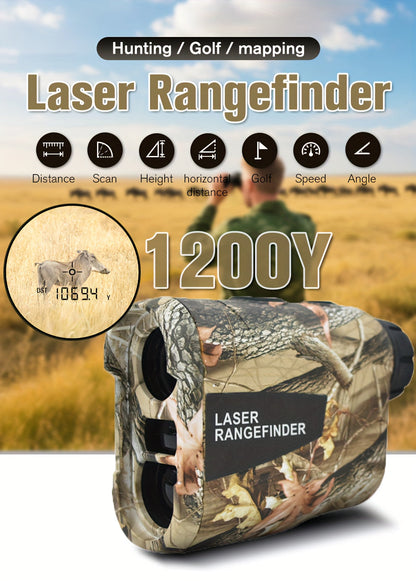 Laser Rangefinder 1200 Yards – 6X Magnification, Rechargeable, Slope Compensation, Flagpole Lock, Speed & Altitude Measurement, Golf & Hunting Camo Design