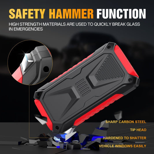 5000A Peak Jump Starter 12V Portable Car Battery Starter for Gas & Diesel Engines – LED Flashlight, SOS Light, Safety Hammer, Compass & USB Power Bank, 74WH Lithium Battery
