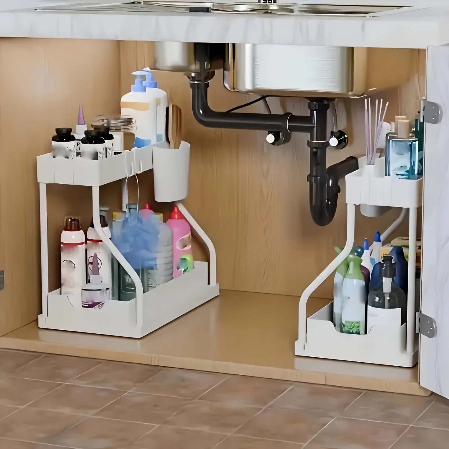 Under Sink Organizer 2-Pack with Sliding Drawer Shelves – Pull-Out Cabinet Storage Rack for Bathroom, Kitchen, Pantry & Vanity, Durable Metal Frame, Space-Saving Organization, Black or White
