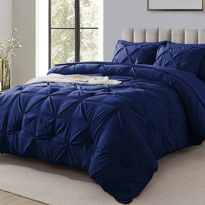 Comforter Set 7 Piece Queen King Full - Soft Microfiber Pintuck Pleated Bed in a Bag Complete Bedding Set with Comforter, Fitted Sheet, Flat Sheet & Pillowcases, All Season Home & Dorm Bedding