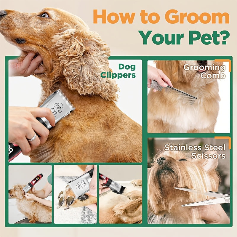 Dog Grooming Kit Wireless Low-Noise Electric Clippers – Rechargeable Lithium Battery, Thick Fur Trimmer with Scissors & Comb for Small & Large Dogs and Cats, Multiple Bundle Options