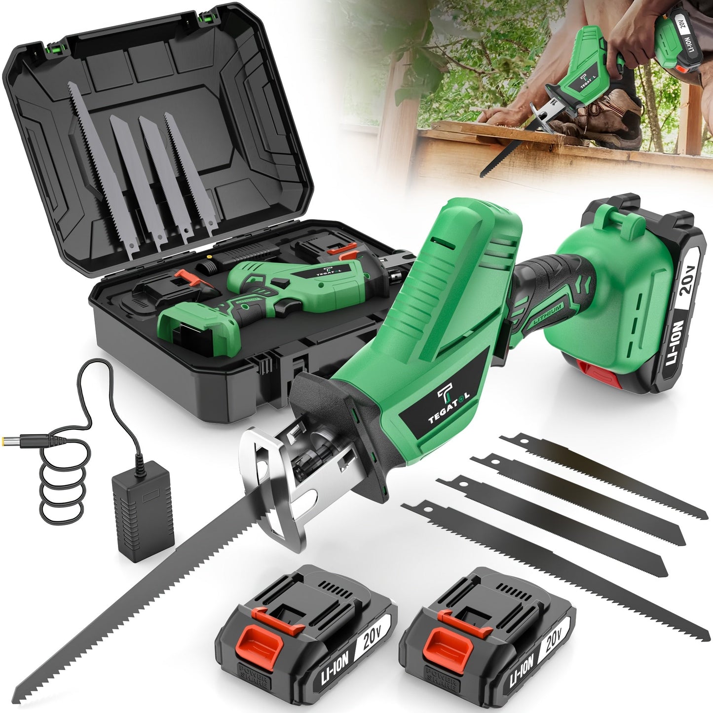Cordless Reciprocating Saw with LED Light & Safety Lock | Electric Handsaw for Multi-Purpose Cutting, Replaceable Blades, Toolbox Included – 1 or 2 Battery Options, Yellow/Green/Red