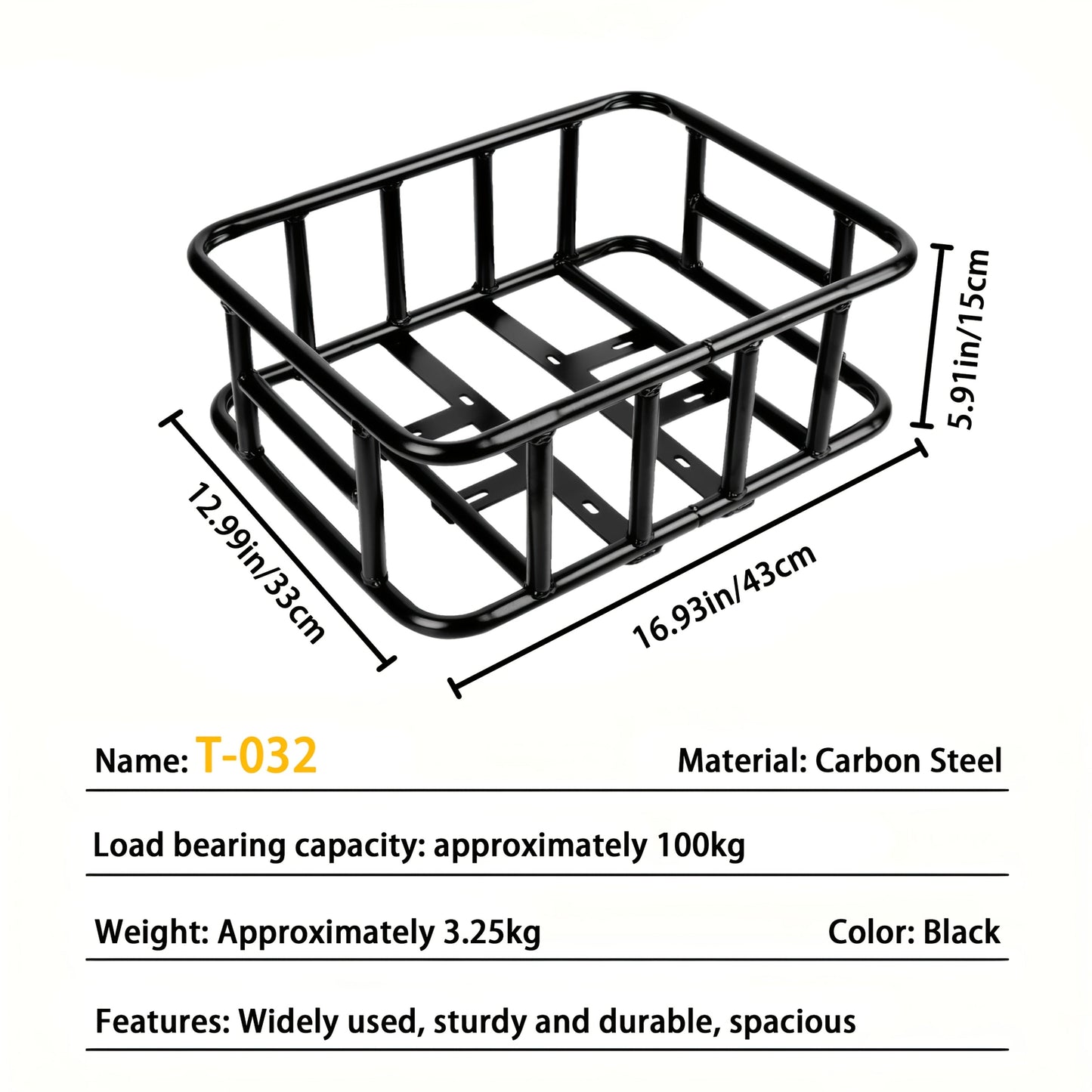 Heavy-Duty Iron Bike Basket – Large, Folding & Basic Removable Rear Bicycle Basket for Most Bikes & E-Bikes, Frame Mount, Black – for Groceries, Pets & Daily Commuting