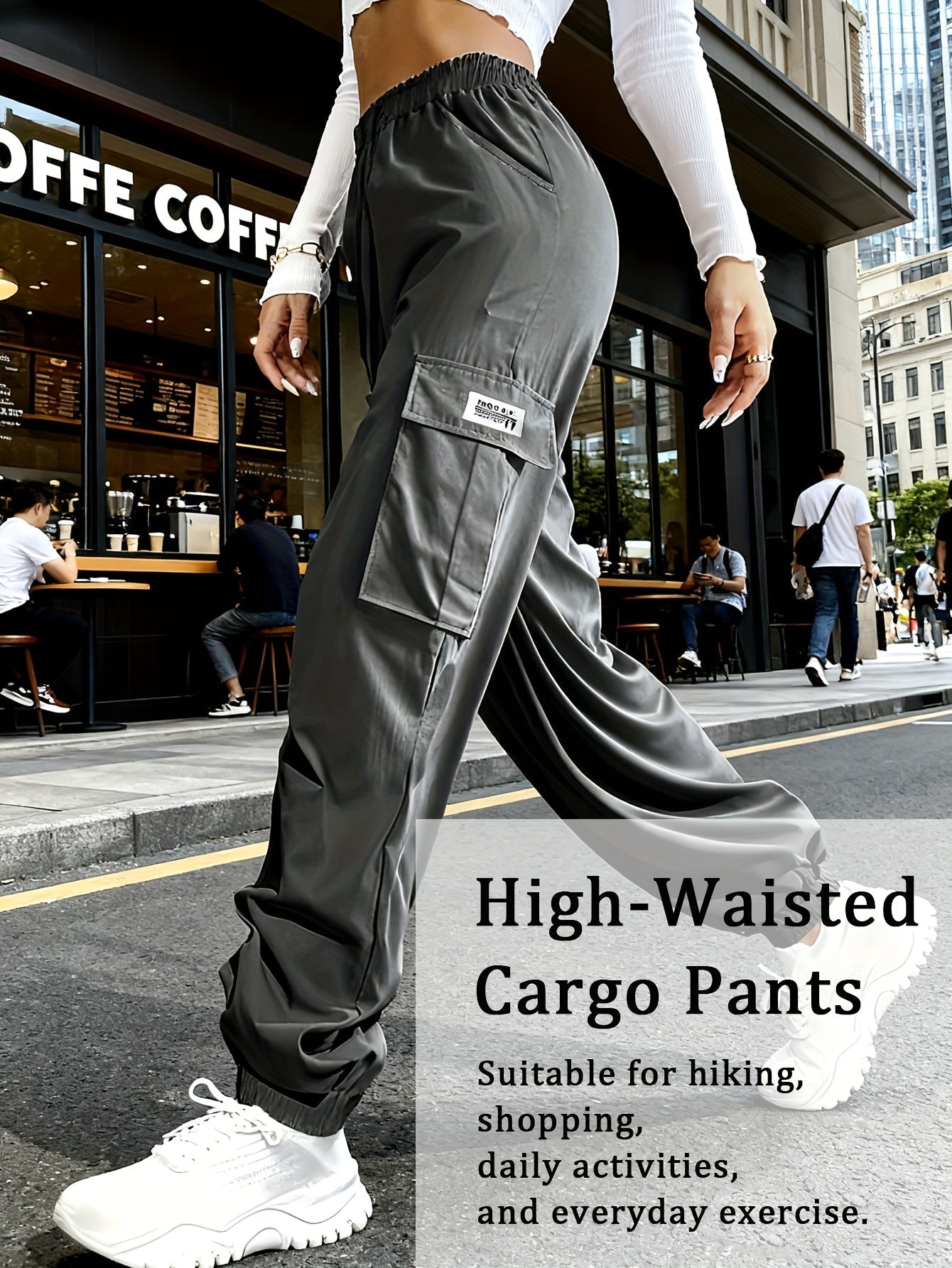Women's Cargo Pants with Zippered Pockets – Elastic Drawstring Waist Large Pocket Casual Outdoor Trousers Black Grey Green Blue XS-XXL
