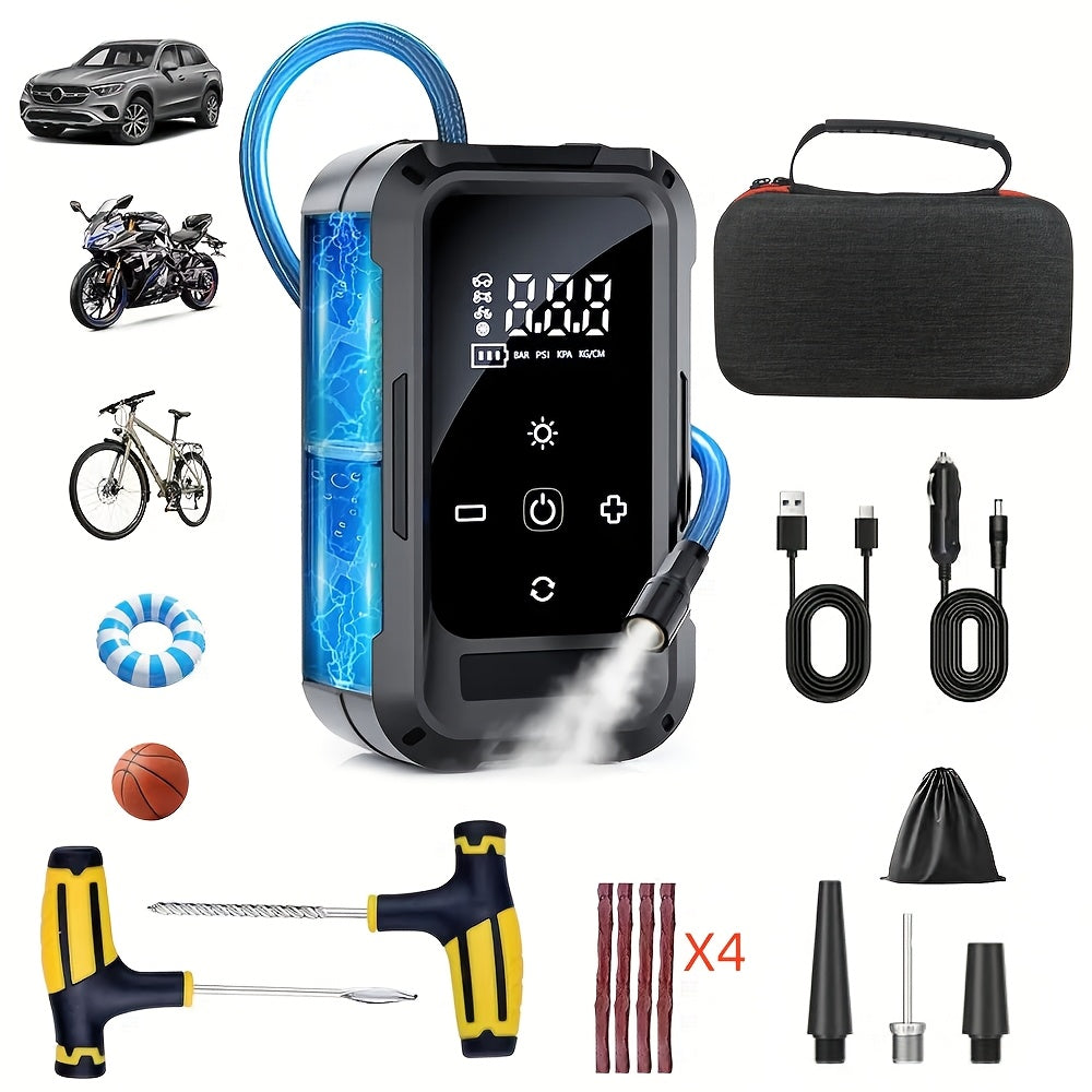 Portable Cordless Tire Inflator – Smart Wireless Air Compressor with Digital Tire Pressure Gauge & LED Light for Cars, Motorcycles, Bicycles & Balls, Type-C Fast Charging