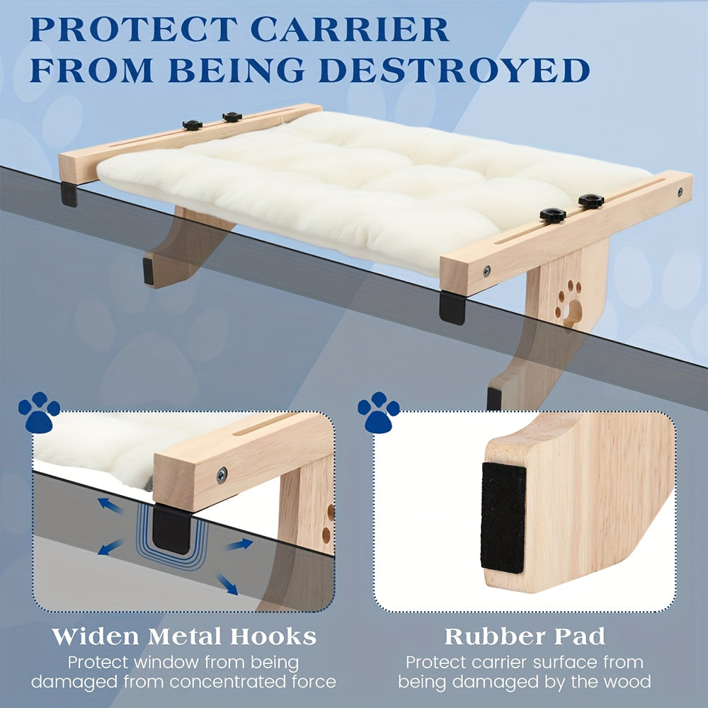 Premium Wooden Cat Perch & Hammock – Heavy-Duty 40 lbs Load Bearing, Multi-Location Mount for Window, Wall & Cabinet, Extra-Wide Platform with Plush Pad, Safe for Large Cats