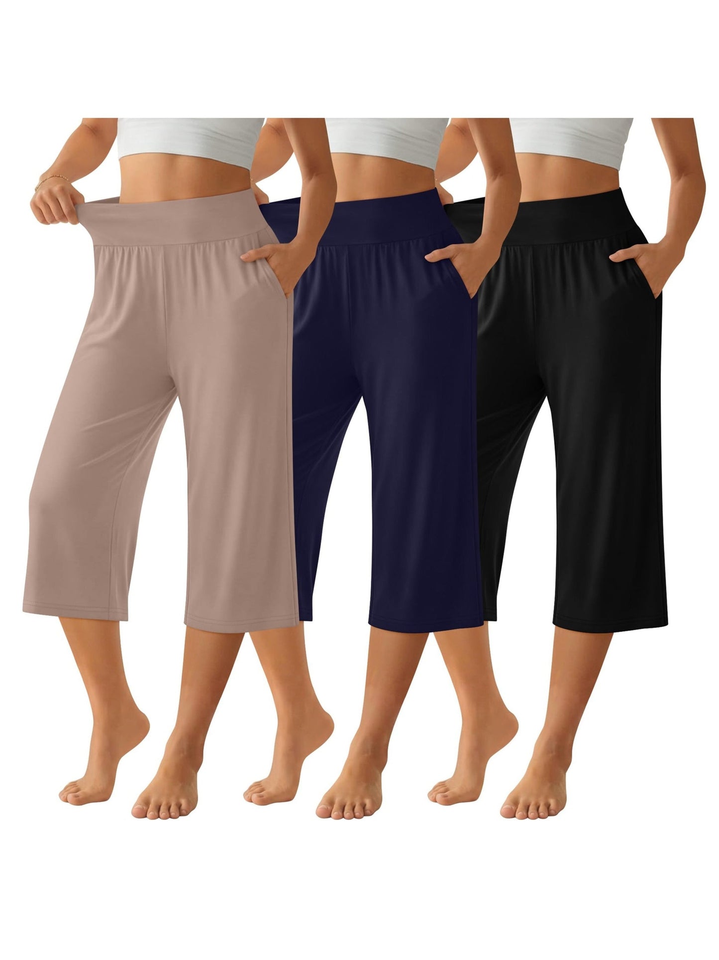 Women's Capri Pants 3-Pack – Loose Lounge Cropped Sweatpants Joggers with Pockets & Elastic Waist, Yoga Capri for Spring Summer Fall Casual Weekend Wear