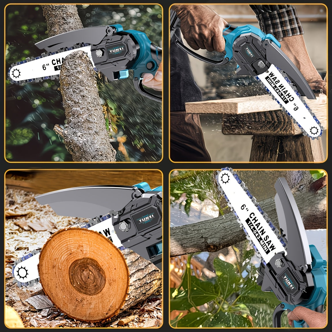 Mini Cordless Chainsaw Portable Handheld Electric Tree Cutter Splash Guard Security Lock Rechargeable for Garden Yard