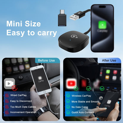 Wireless CarPlay Adapter with YouTube & TikTok – Plug & Play USB Dongle Converts Wired to Wireless Apple CarPlay, Supports iPhone Hotspot WiFi, Compatible with Audi Ford Toyota Honda & More