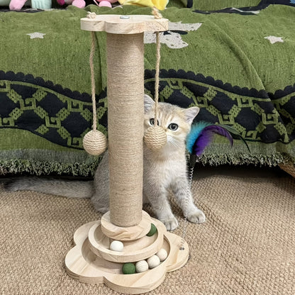 Multi-Level Cat Scratching Post Premium Sisal with 6 Wooden Toy Balls 2 Hanging Balls 2 Feather Teaser Toys Non-Slip Base Interactive Cat Tree for Indoor Cats Kittens