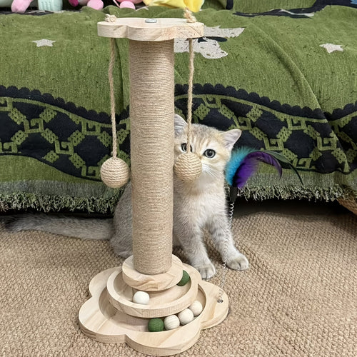 Multi-Level Cat Scratching Post Premium Sisal with 6 Wooden Toy Balls 2 Hanging Balls 2 Feather Teaser Toys Non-Slip Base Interactive Cat Tree for Indoor Cats Kittens