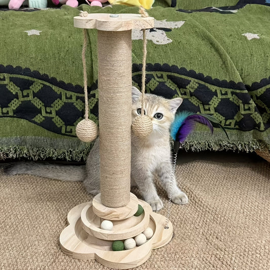 Multi-Level Cat Scratching Post Premium Sisal with 6 Wooden Toy Balls 2 Hanging Balls 2 Feather Teaser Toys Non-Slip Base Interactive Cat Tree for Indoor Cats Kittens