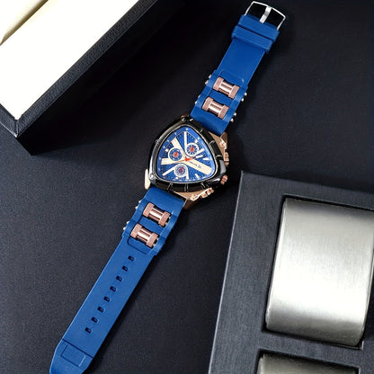 3pcs Men's Quartz Watch Set – Silicone Strap Date Display Triangular Dial, Fashion Sport Casual Wrist Watches for Men, Ideal Birthday Anniversary Gift Set