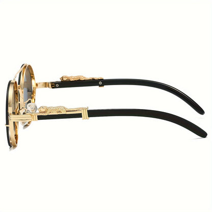 Round Metal Frame Gradient Sunglasses for Men & Women – Luxury Double Bridge, Leopard Detail Hinges, Gradient PC Lenses, Includes Case, Chic Vacation & Street Style Eyewear