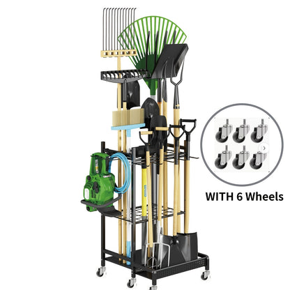 Garden Tool Organizer for Garage Heavy Duty Metal Rack with Hooks – Freestanding Yard Tool Stand Holder for Long-Handled Brooms, Shovels, Rakes & Outdoor Tools, Black Storage Rack