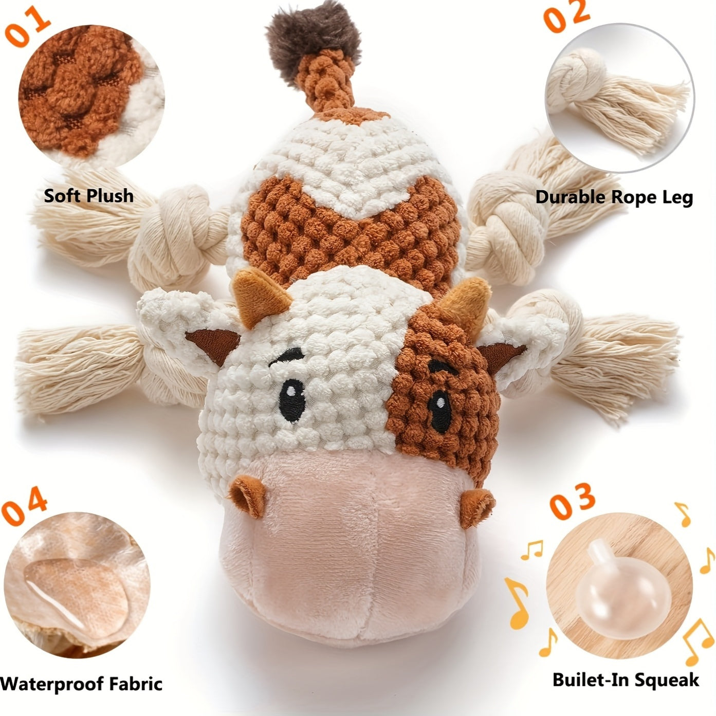 Squeaky Cow Dog Toy Plush Interactive Tug-of-War with Crinkle Paper, IQ Training Chew Toy for Small Medium Large Dogs, No Battery Needed, Anxiety Relief Pet Toy