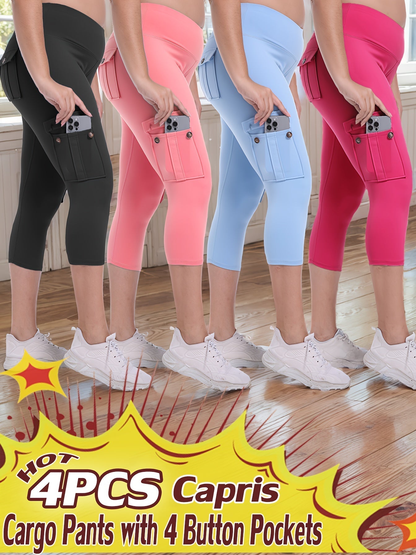 Women's High Waist Yoga Capri Pants 4-Pack 4-Way Stretch Butt Lifting Tummy Control 4 Pockets - Workout Running Sports Leggings S-XXL All Season