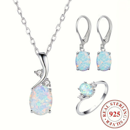 925 Sterling Silver Water Drop Opal Jewelry Set for Women – 4 Piece Necklace Earrings and Ring Set, Elegant Opal Pendant Fashion Jewelry Gift for Party Daily Wear Birthday Anniversary