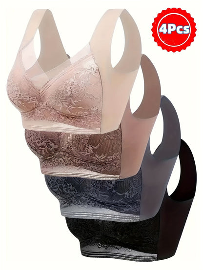 4 Pack Lace Ice Silk Bra Vest for Women – Traceless Gathered Support, Breathable Thin Style with Beautiful Back Design, Sizes S-XXL, 2 Multicolor Sets