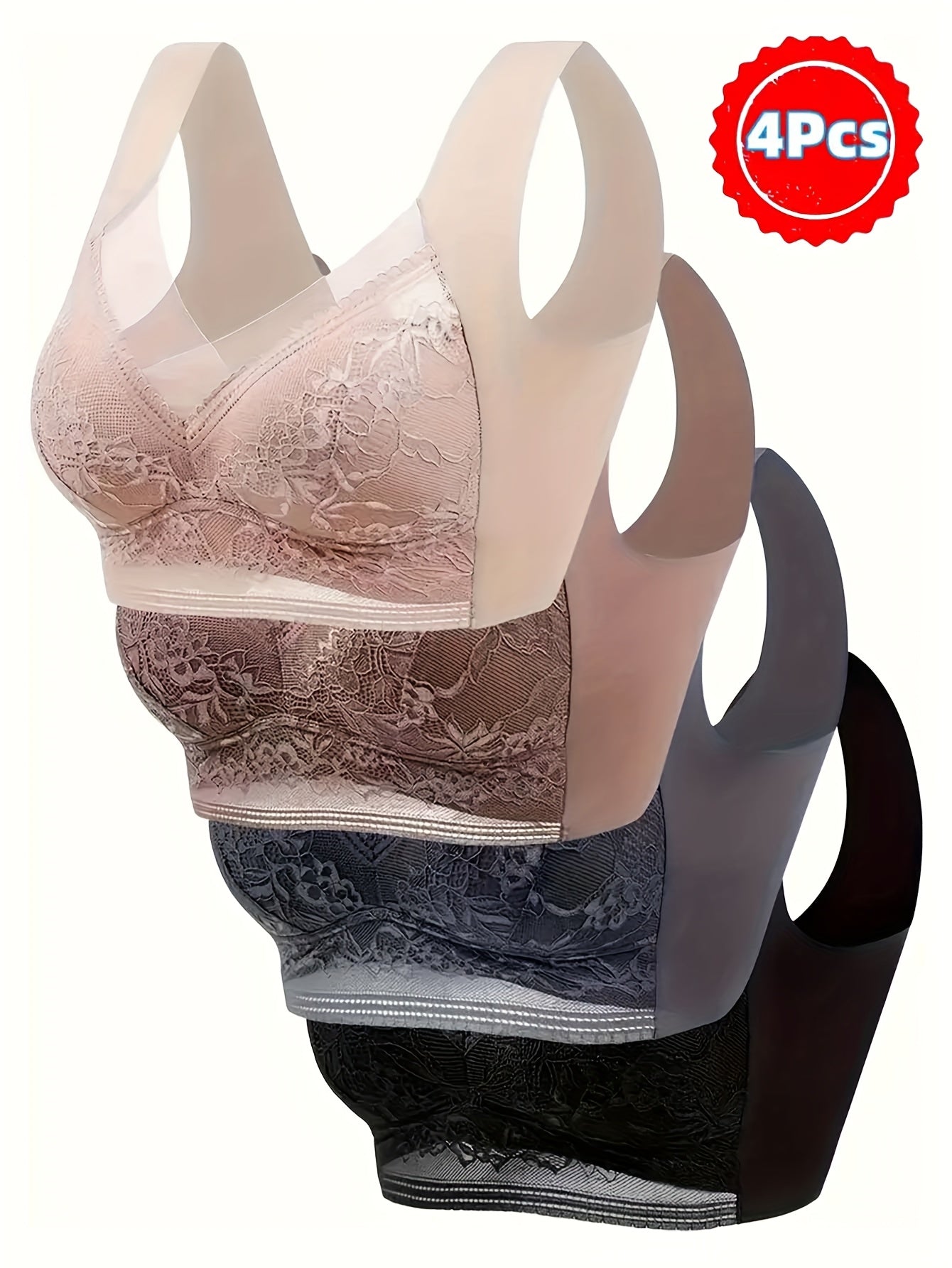 4 Pack Lace Ice Silk Bra Vest for Women – Traceless Gathered Support, Breathable Thin Style with Beautiful Back Design, Sizes S-XXL, 2 Multicolor Sets