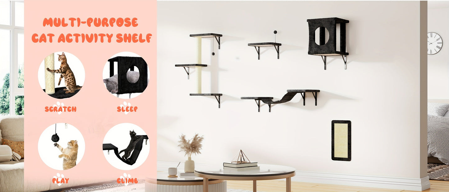 Cat Wall Shelves 5-Piece Set - Wall-Mounted Floating Cat Perch, Climber & Bridge, Modern Cat Furniture for Indoor Cats, Cat Tree Alternative with Cat Bed Platform, Space-Saving Cat House
