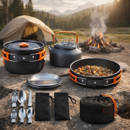 Camping Cookware Mess Kit 8/9/14/15 Piece, Portable Non-Stick Aluminum Alloy Camp Cook Set with Kettle Pot Frying Pan Plates Utensils, Lightweight Backpacking Outdoor Cooking Gear for Hiking & Travel