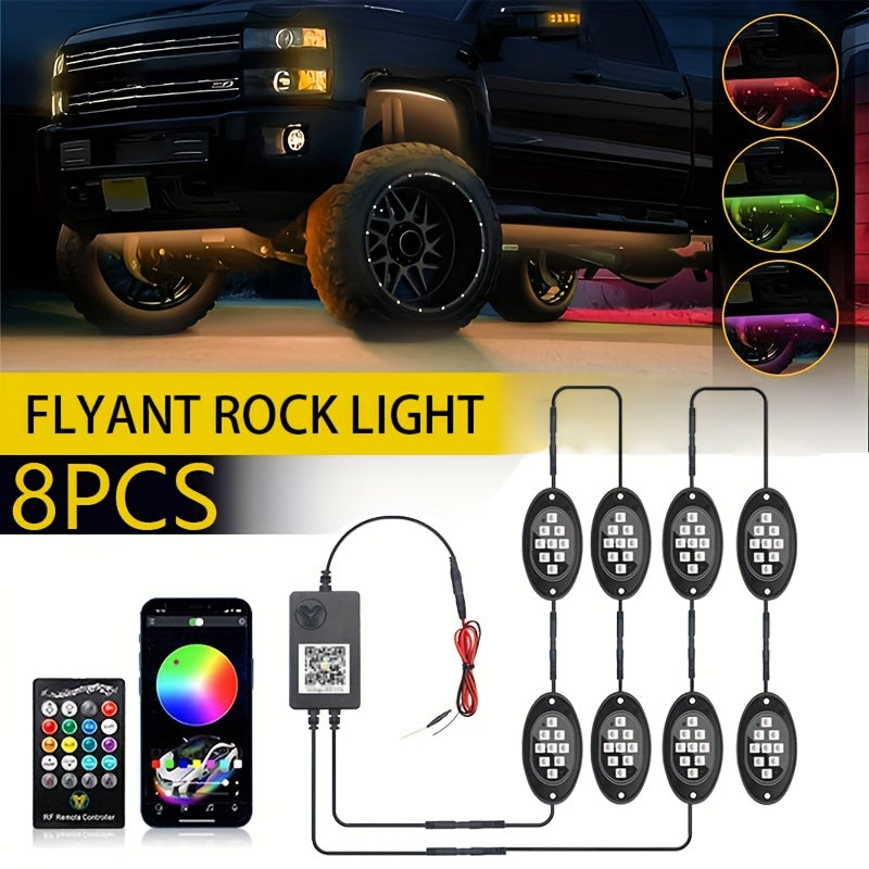 RGB LED Rock Lights Kit for Trucks & Pickup – Sound Activated, APP & Remote Control, Multicolor Underglow Chassis Neon Light, 9 Large Light Beads, 4/6/8/10 Pods Underbody Lighting