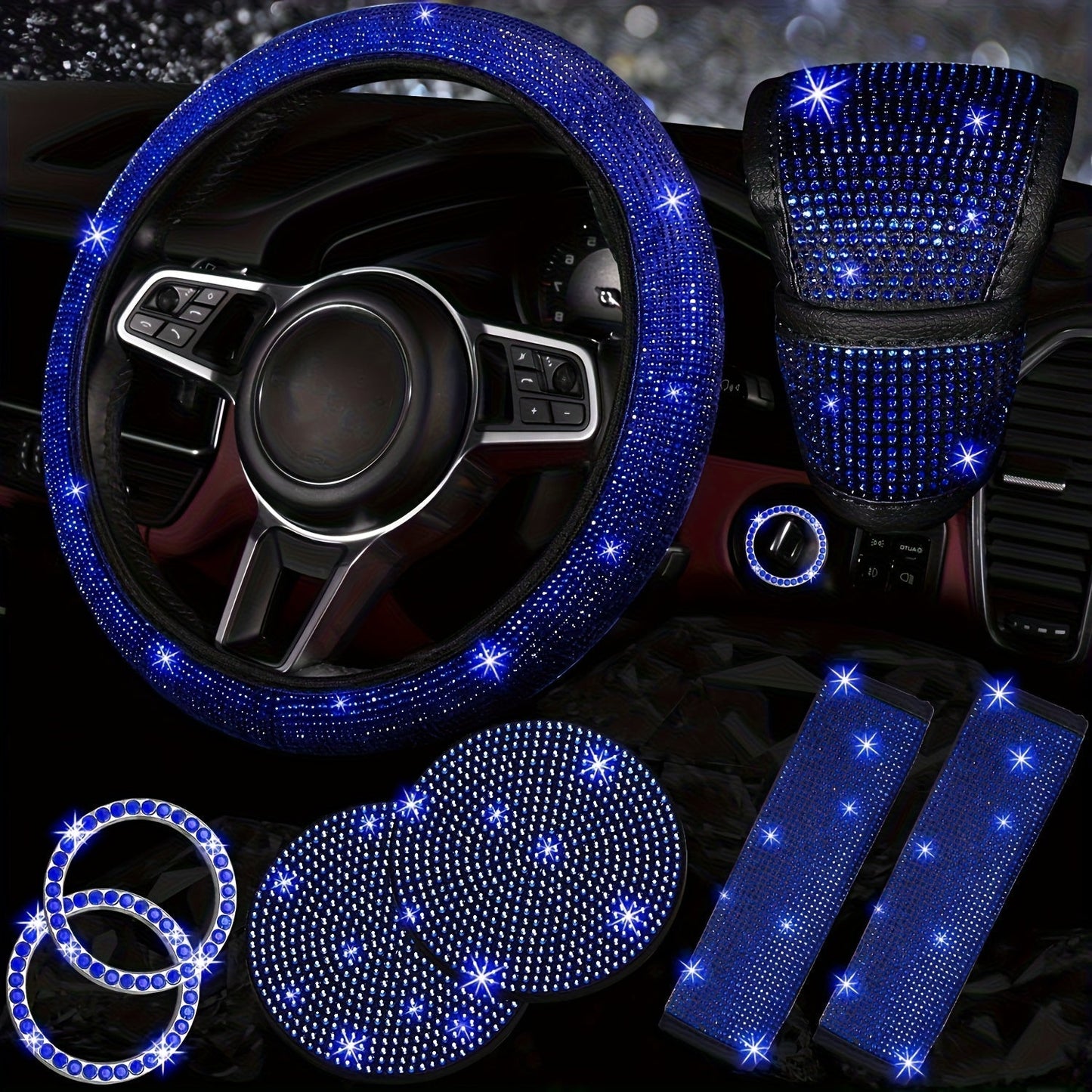 8pc Rhinestone Bling Car Accessories Set for Women – Steering Wheel Cover, Coasters, Seatbelt Pads, Starter Rings & Shift Knob Cover, 7 Colors, Sparkly Glitter Interior Kit