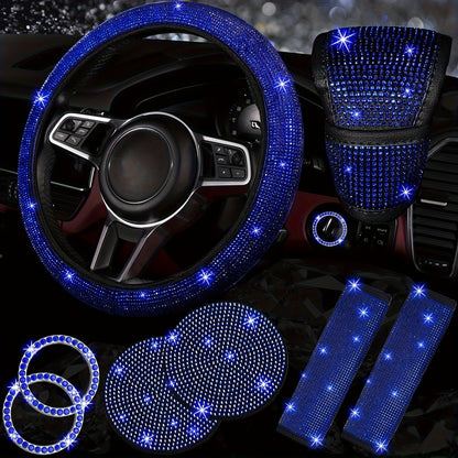 8pc Rhinestone Bling Car Accessories Set for Women – Steering Wheel Cover, Coasters, Seatbelt Pads, Starter Rings & Shift Knob Cover, 7 Colors, Sparkly Glitter Interior Kit