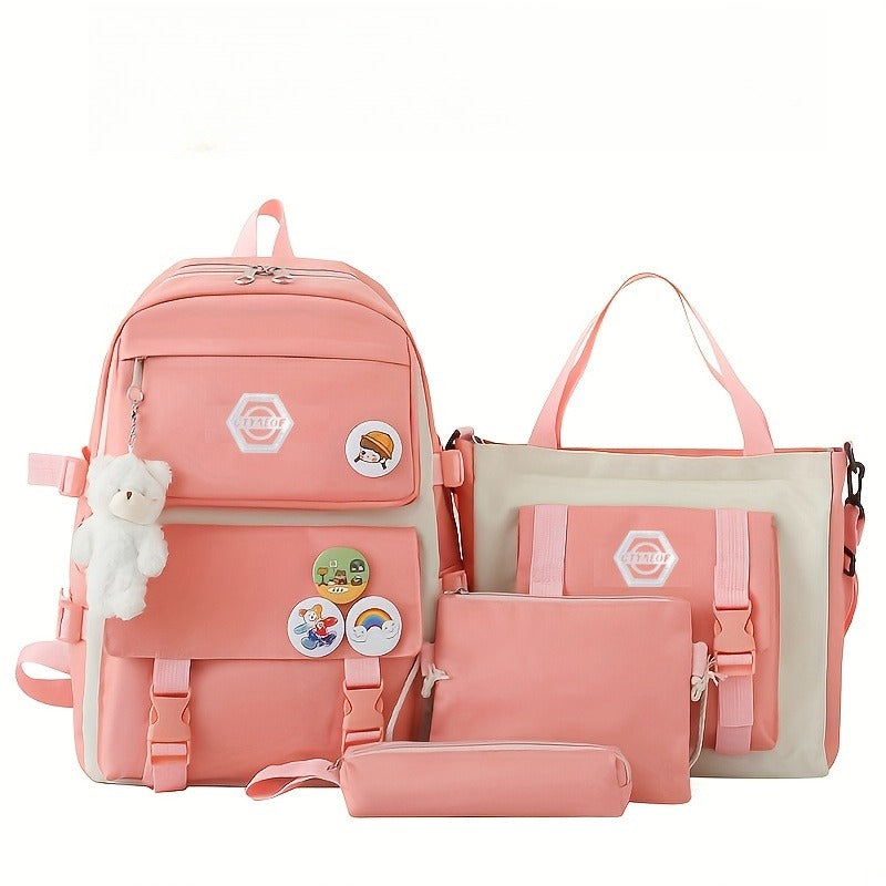 5-Piece Girls School Backpack Set Cute Lightweight Daypack with Tote Bag, Pencil Case & Coin Purse - Durable Student Backpack for School, Hiking & Casual Use
