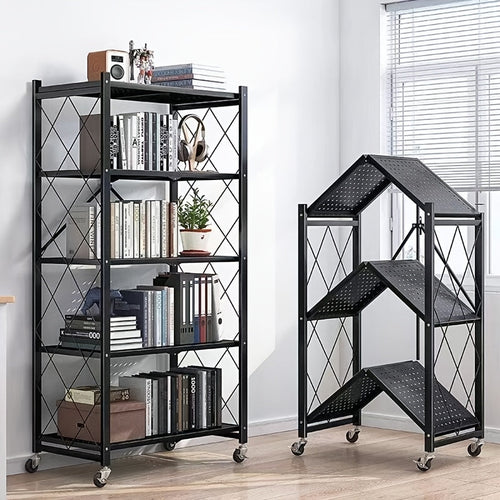 Bookshelf Shelving Unit with Wheels – 3, 4 & 5-Tier Portable Floor Standing Storage Rack for Office & Home, Multi-Layer Rolling Shelf Organizer, Easy Assembly – Black & White