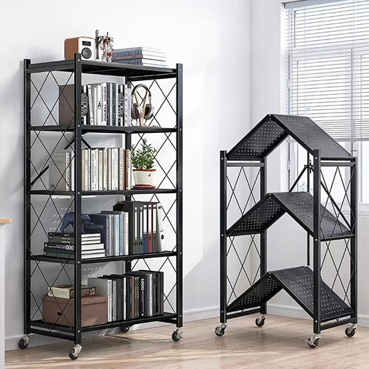 Bookshelf Shelving Unit with Wheels – 3, 4 & 5-Tier Portable Floor Standing Storage Rack for Office & Home, Multi-Layer Rolling Shelf Organizer, Easy Assembly – Black & White