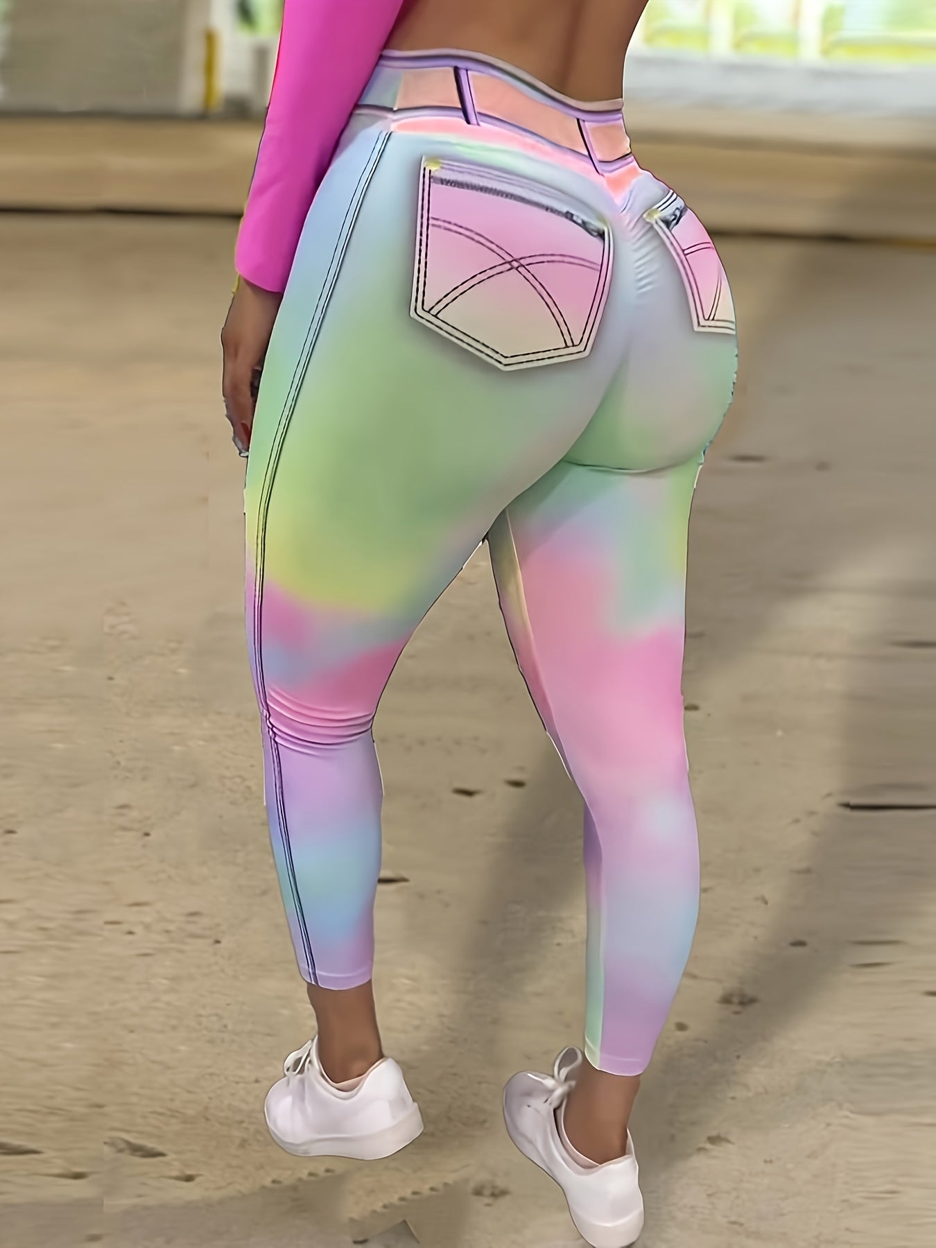Women's High Waisted Butt Lifting Rainbow Gradient Leggings, Denim Pocket Print Stretchy Yoga Pants 69% Polyester 31% Elastane for Workout Casual Wear – Spring Fall Cropped Sports Pants