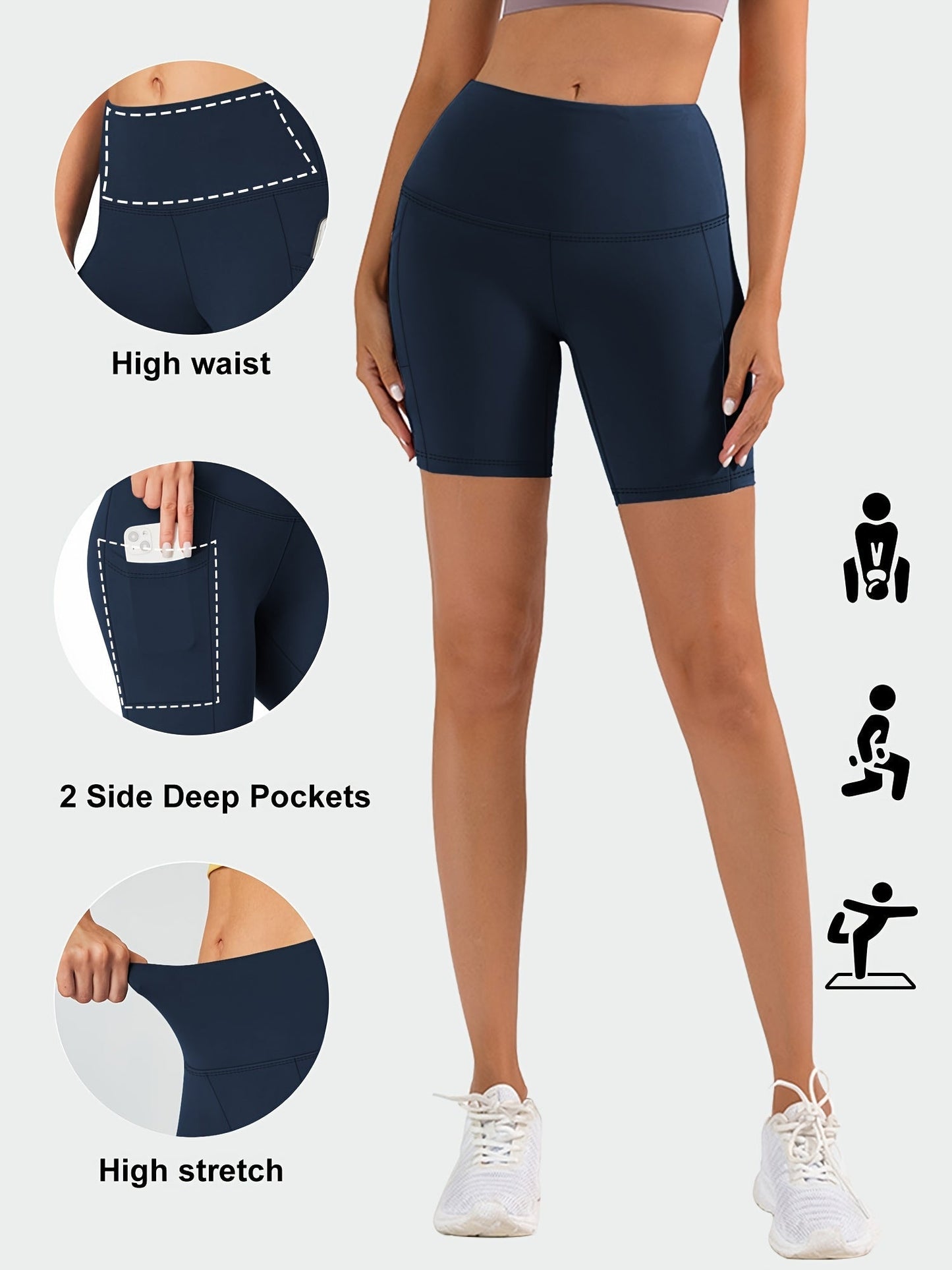 Women's High Waist Yoga Shorts – 4-Way Stretch Sweat-Wicking Athletic Shorts with Elastic Waistband & Side Pockets for Running, Cycling & Training – Black, Dark Gray & Navy, Sizes S-XXL