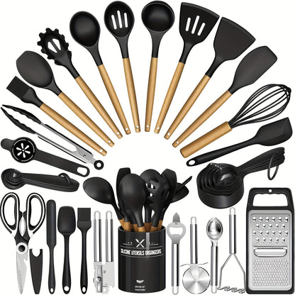 34-Piece Silicone Kitchen Utensils Set with Holder Wooden Handles | Heat Resistant Nonstick Safe Cooking Tools | Spatula Spoon Ladle Tongs Whisk | Khaki Black Gray | Father's Day Housewarming Gift
