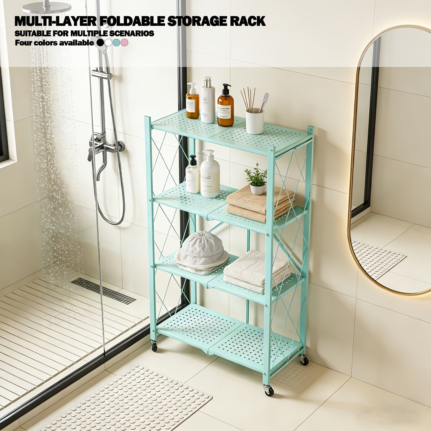 Heavy Duty Folding Storage Rack with Wheels – 3/4/5-Tier Portable Floor-Standing Shelf, No Assembly Required, for Home, Office, Bedroom & Dorm, 4 Colors Available