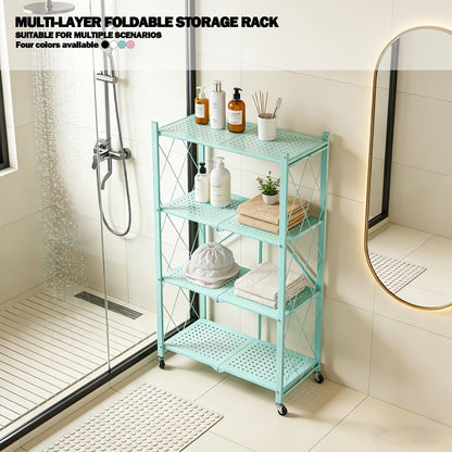 Heavy Duty Folding Storage Rack with Wheels – 3/4/5-Tier Portable Floor-Standing Shelf, No Assembly Required, for Home, Office, Bedroom & Dorm, 4 Colors Available