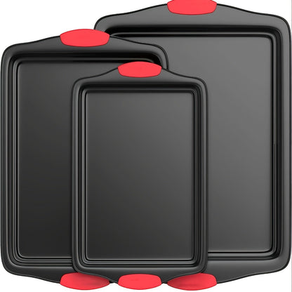 Carbon Steel Nonstick Baking Pan Set 3/9 Pcs – Commercial Grade Oven Safe Bakeware with Red Silicone Handles, Non-stick Inside & Outside, Restaurant Quality Kitchen Cookware for Home Baking