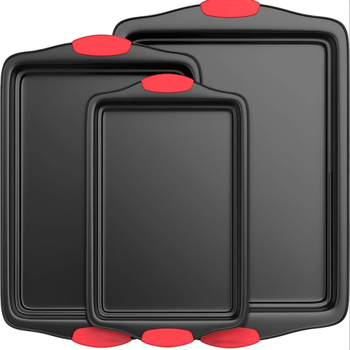 Carbon Steel Nonstick Baking Pan Set 3/9 Pcs – Commercial Grade Oven Safe Bakeware with Red Silicone Handles, Non-stick Inside & Outside, Restaurant Quality Kitchen Cookware for Home Baking