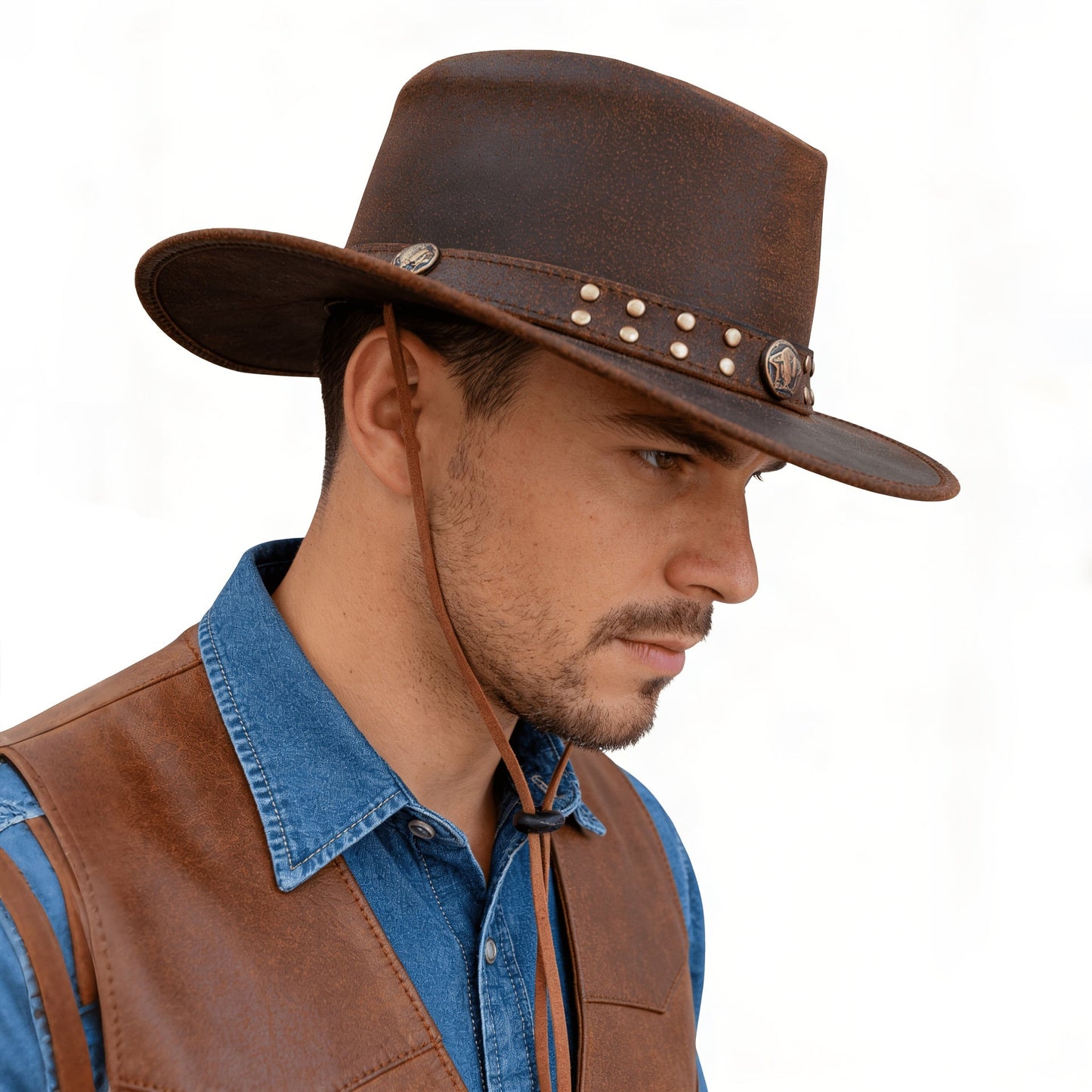 Genuine Leather Cowboy Hat for Men and Women Western Australian Wide Brim Shapeable UV Protection Vintage Brown Hat with Chin Cord Sizes S to 3XL