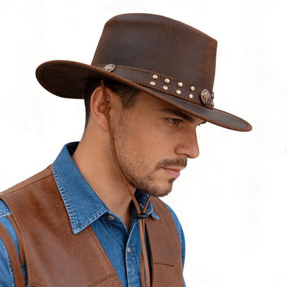 Genuine Leather Cowboy Hat for Men and Women Western Australian Wide Brim Shapeable UV Protection Vintage Brown Hat with Chin Cord Sizes S to 3XL