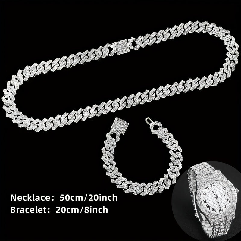 Men's Hip Hop Rhinestone Bling Watch Set with Waterfall Chain Bracelet & Necklace – Sparkling Quartz Watch Jewelry Set for Men, 3pc & 5pc, Perfect Holiday Gift