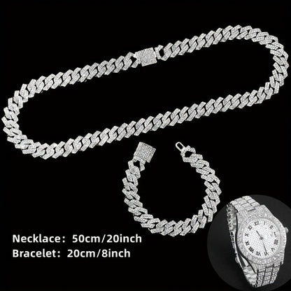 Men's Hip Hop Rhinestone Bling Watch Set with Waterfall Chain Bracelet & Necklace – Sparkling Quartz Watch Jewelry Set for Men, 3pc & 5pc, Perfect Holiday Gift