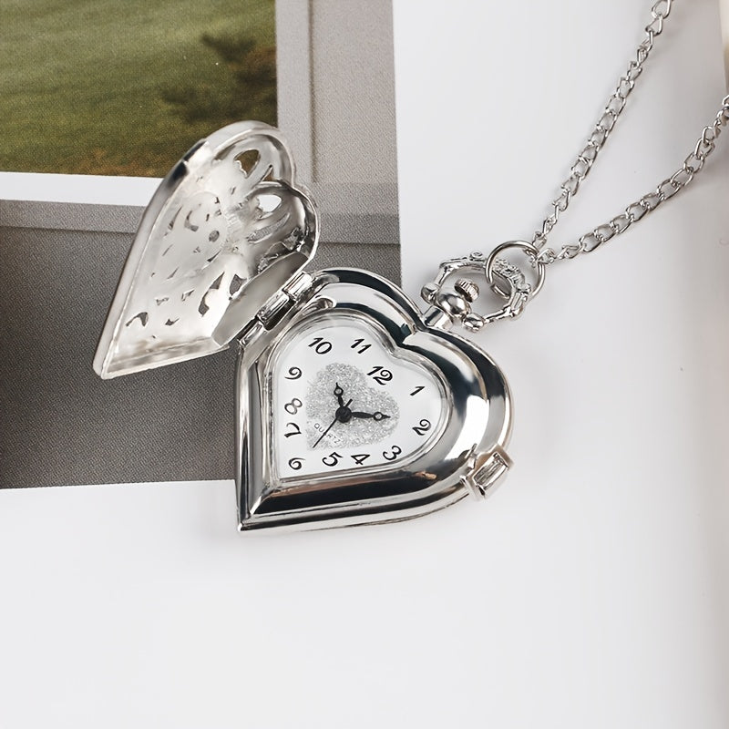 Retro Heart Shaped Pocket Watch Necklace for Women – Vintage Silver Hollow Quartz Pendant Sweater Chain Jewelry Gift for Ladies