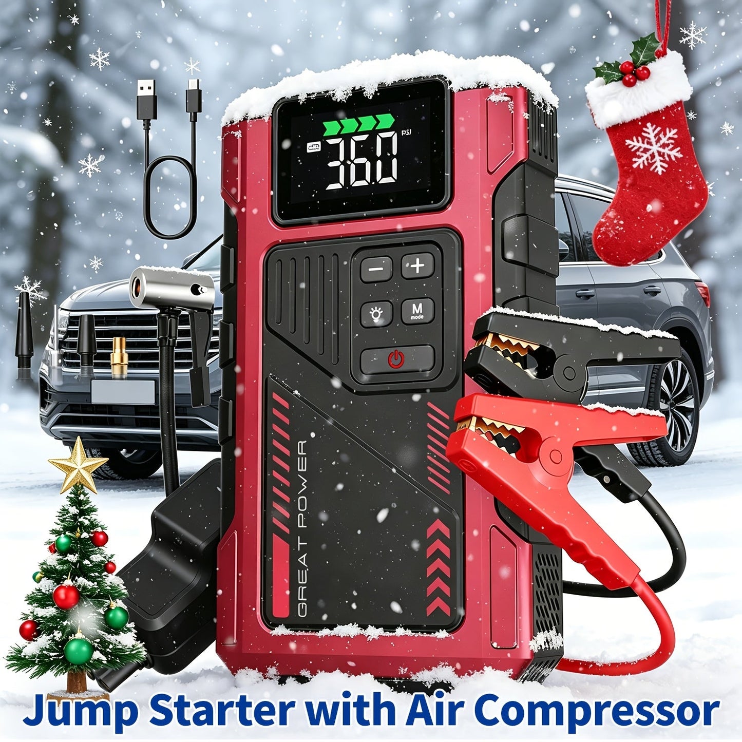9-in-1 Portable Jump Starter with Air Compressor for 12V Car Up to 8.0L Gas 6.5L Diesel – Battery Booster Pack with Tire Inflator, USB Power Bank, LED Emergency Light & Roadside Kit