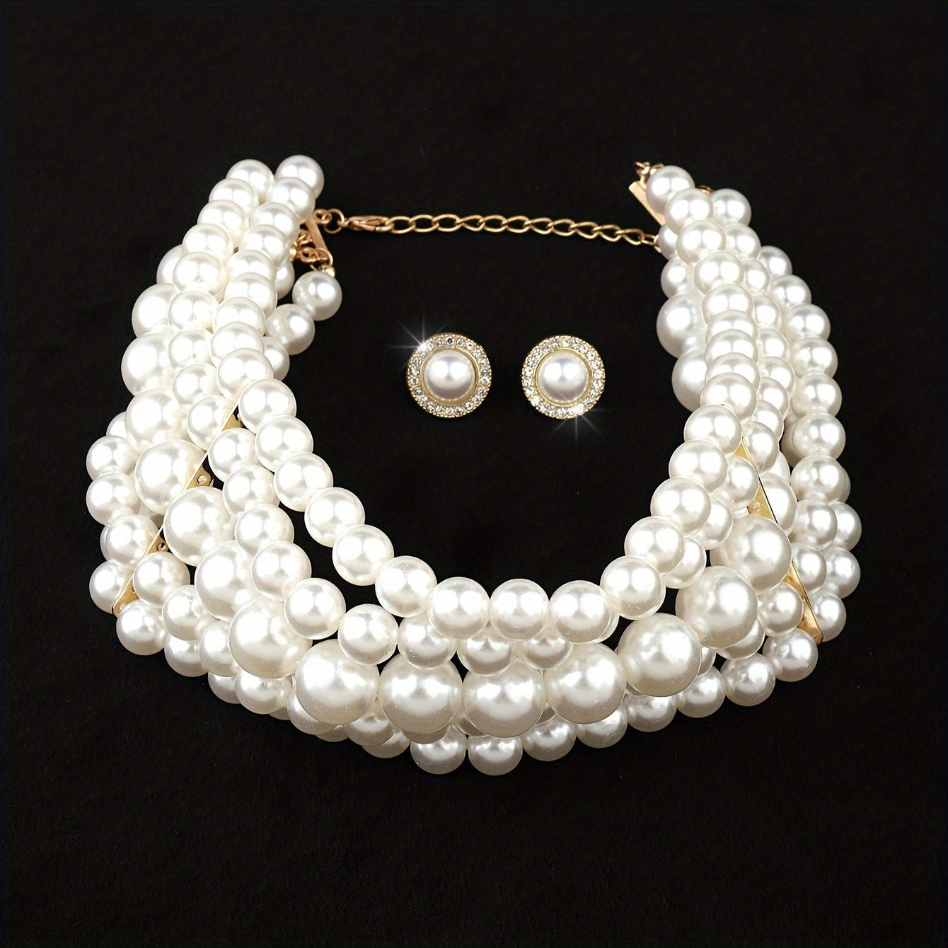 French Style Pearl Multi-Layer Necklace and Round Geometric Earrings Jewelry Set Gold Tone Elegant Women Banquet Wedding Gift