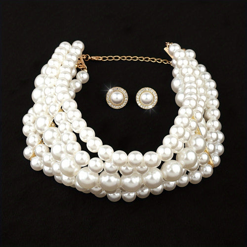 French Style Pearl Multi-Layer Necklace and Round Geometric Earrings Jewelry Set Gold Tone Elegant Women Banquet Wedding Gift