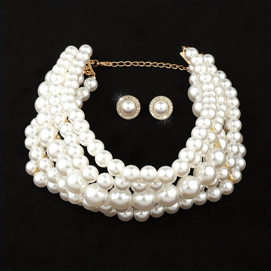 French Style Pearl Multi-Layer Necklace and Round Geometric Earrings Jewelry Set Gold Tone Elegant Women Banquet Wedding Gift